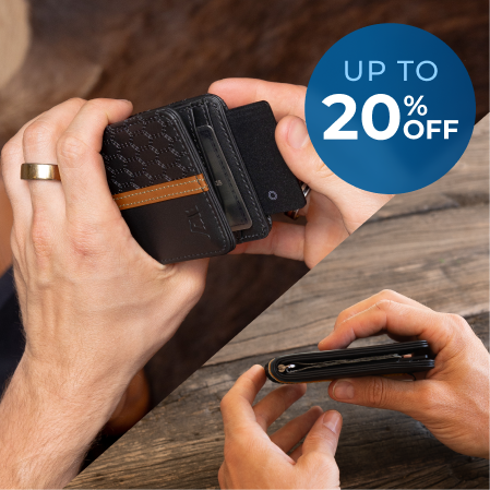 A composite image of a man's hands holding a slim black and brown wallet, with a 20% off promotion.
