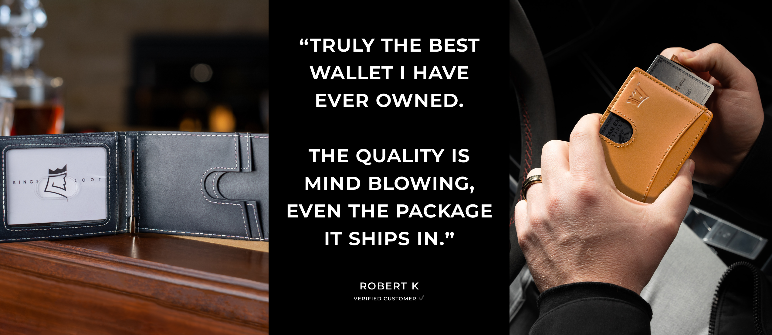 Open wallet with card, testimonial text, and hands holding a tan wallet.