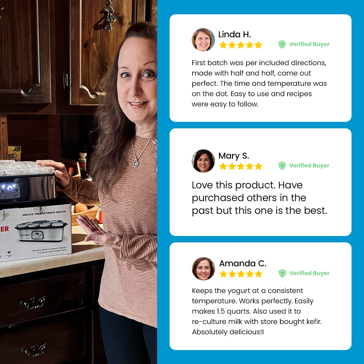 Woman displaying a yogurt maker beside customer reviews on a blue background.