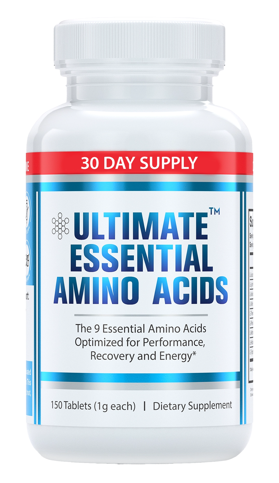 A white bottle of Ultimate Essential Amino Acids dietary supplement, a 30 day supply of 150 tablets.