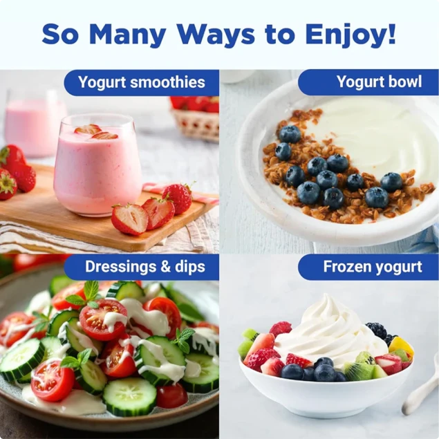 Collage of yogurt uses: smoothies, bowl, dressings, and frozen yogurt.