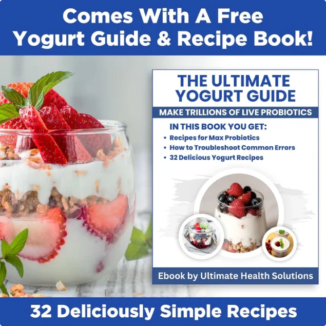 Yogurt parfait with strawberries and text promoting a yogurt guide and recipe book.