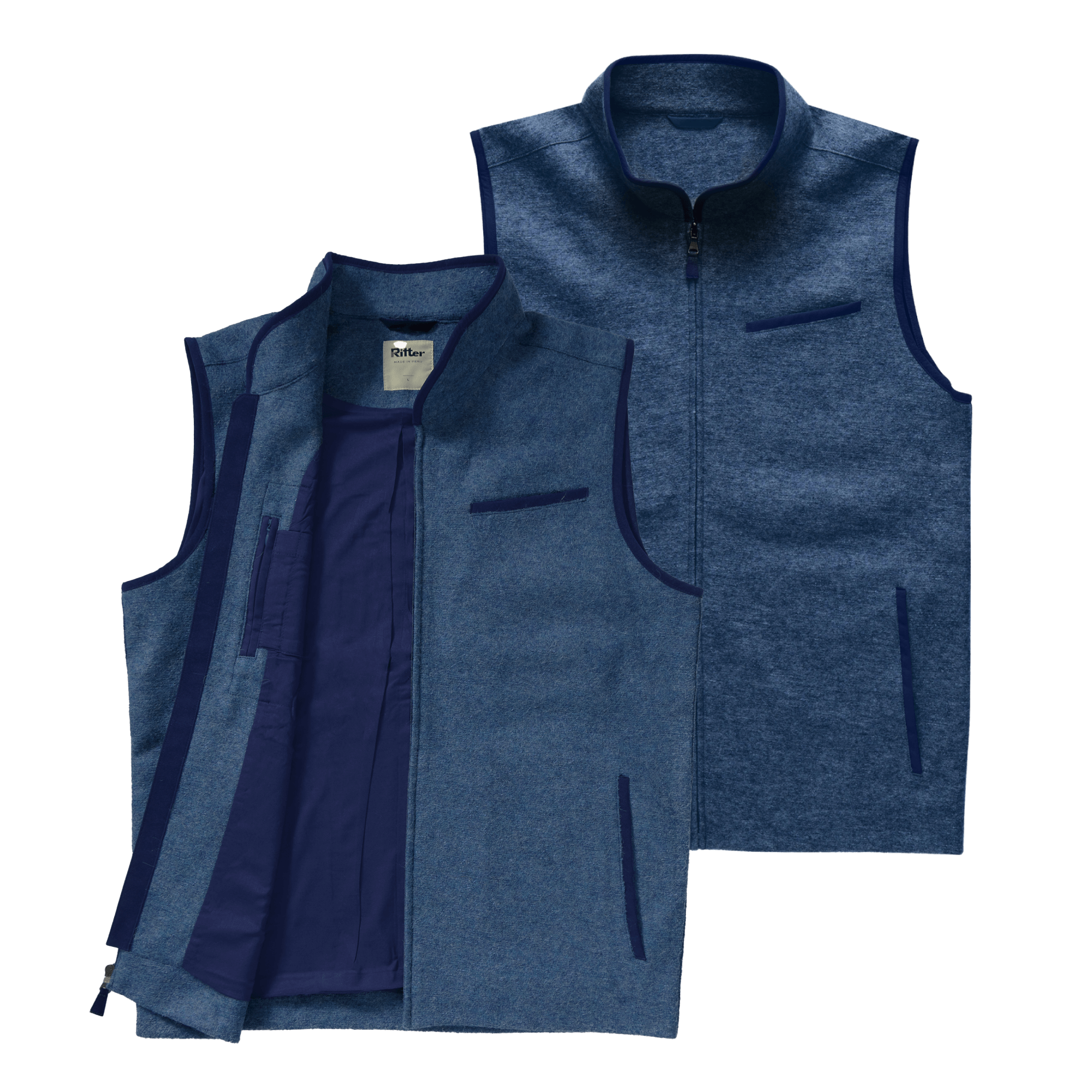 Two blue sleeveless vests, one open and one closed, on a white background.