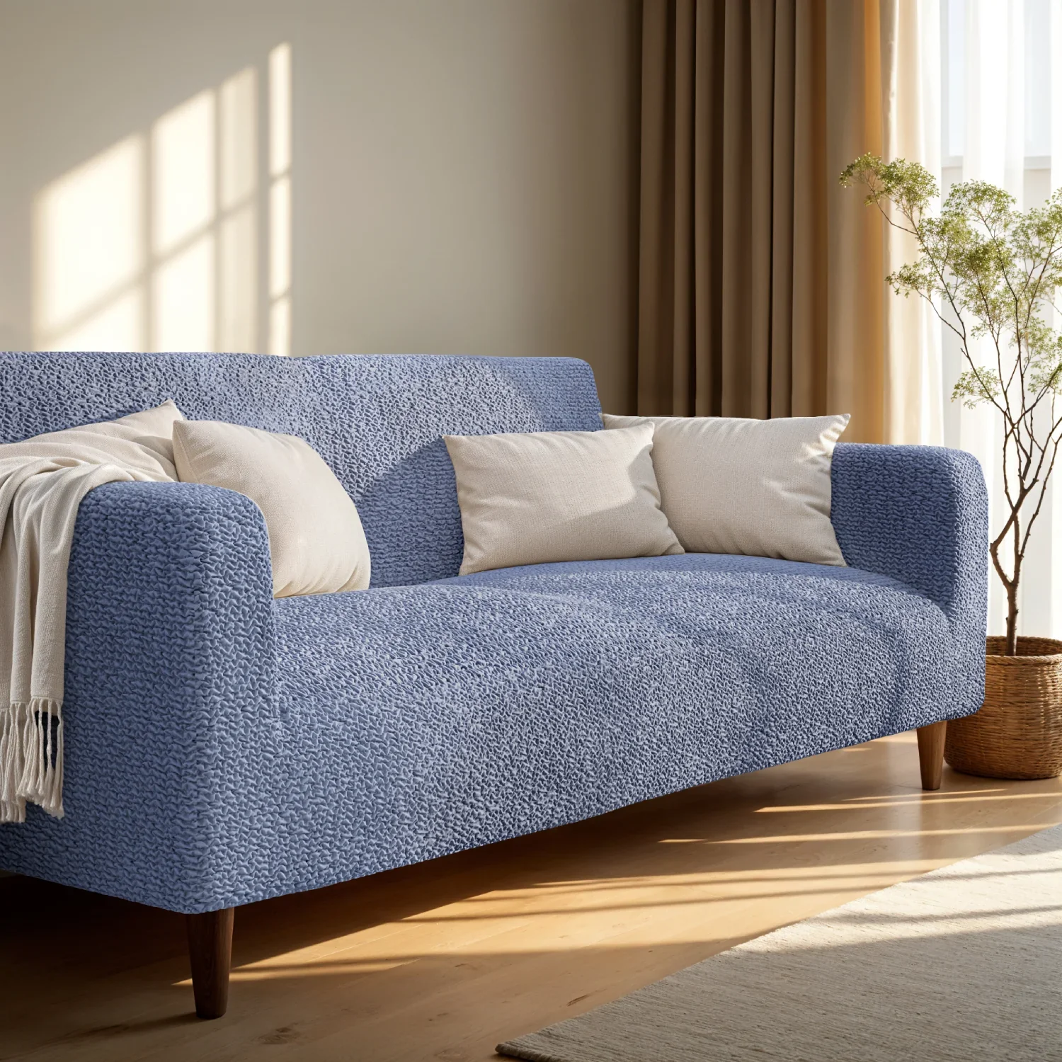 Blue textured sofa with beige pillows and a blanket in a sunlit room.