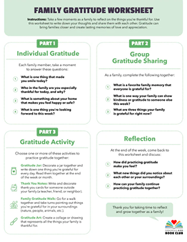 Family gratitude worksheet with sections for individual and group activities.
