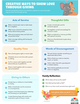 Colorful infographic with sections on acts of service, gifts, quality time, encouragement, and giving to others.