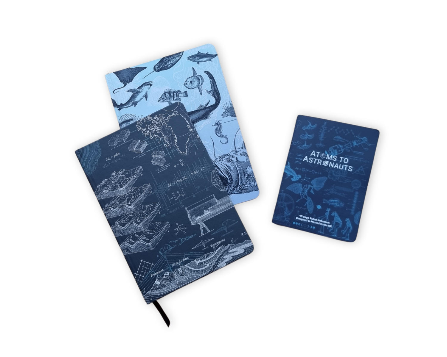 Four science-themed notebooks with illustrations and titles: Physics and Chemistry.