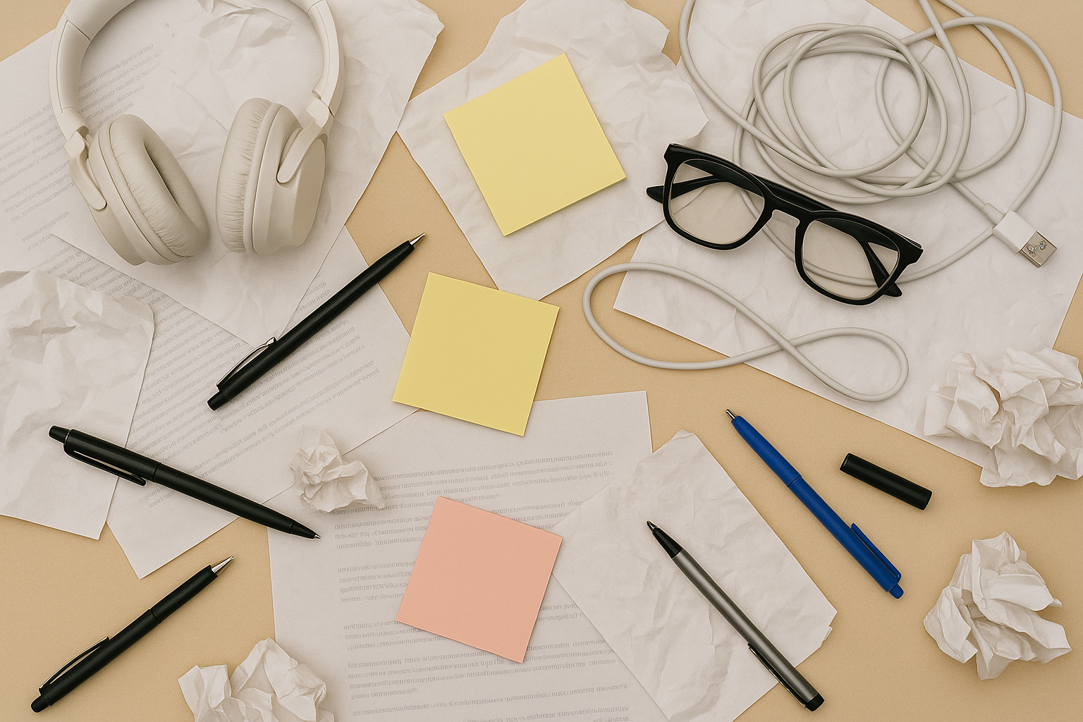 Office supplies on a desk, including headphones, glasses, pens, sticky notes, and crumpled papers.