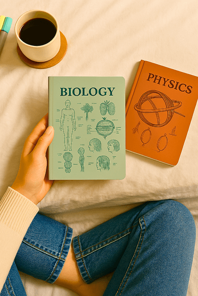 Person holding a biology book next to a physics book on a bed.