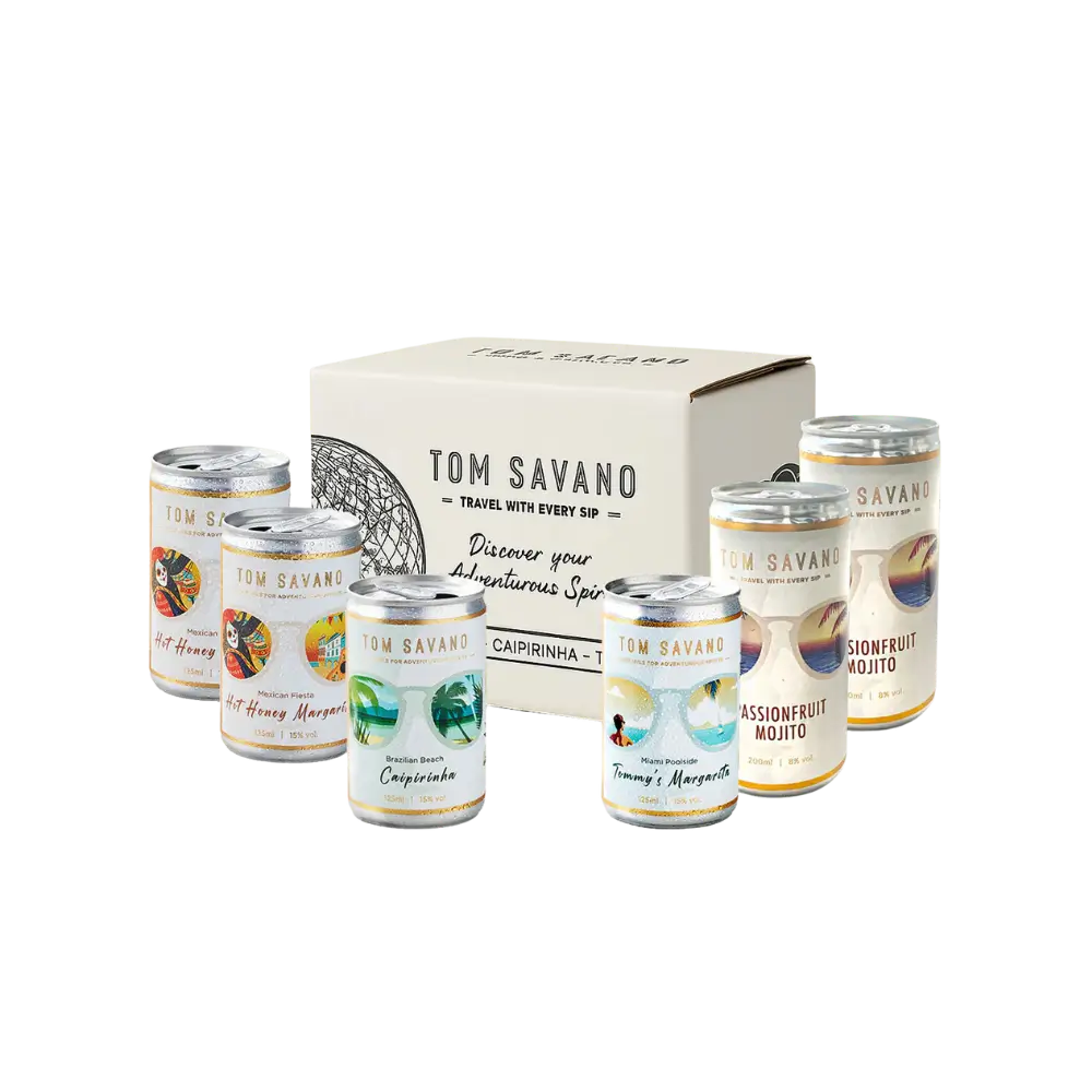 Cans of Tom Savano cocktails arranged with a branded box.