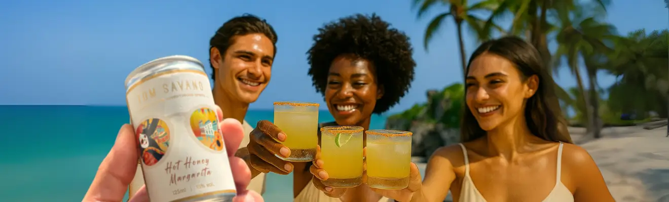 friends enjoying Hot Honey Margarita on a beach.