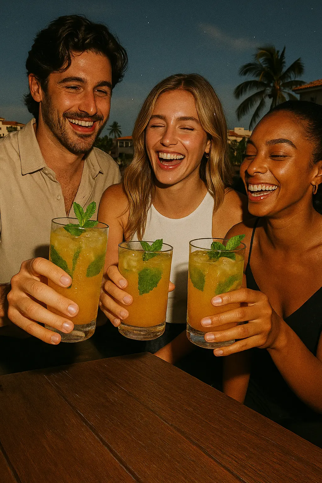 Three people smiling and holding glasses with mint leaves.