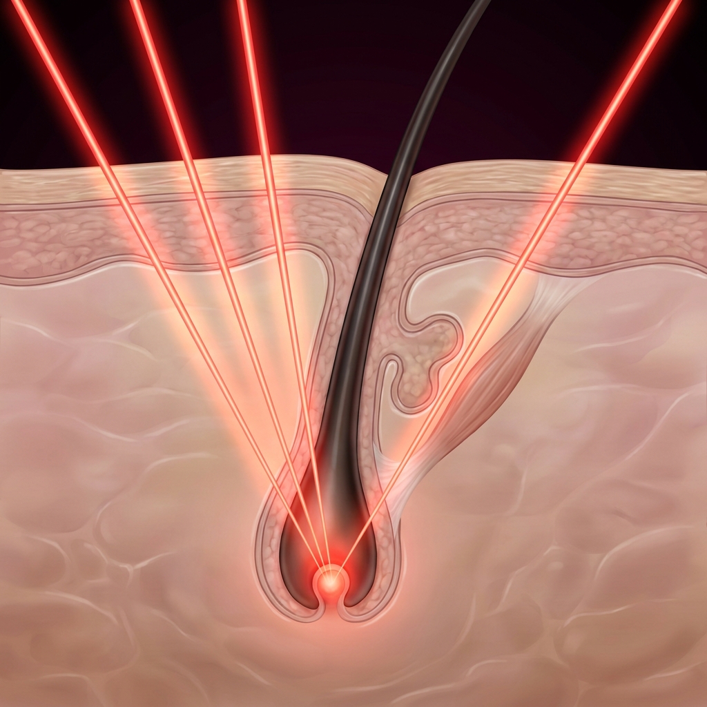 An illustration of red laser beams targeting a hair follicle in a cross-section of skin.