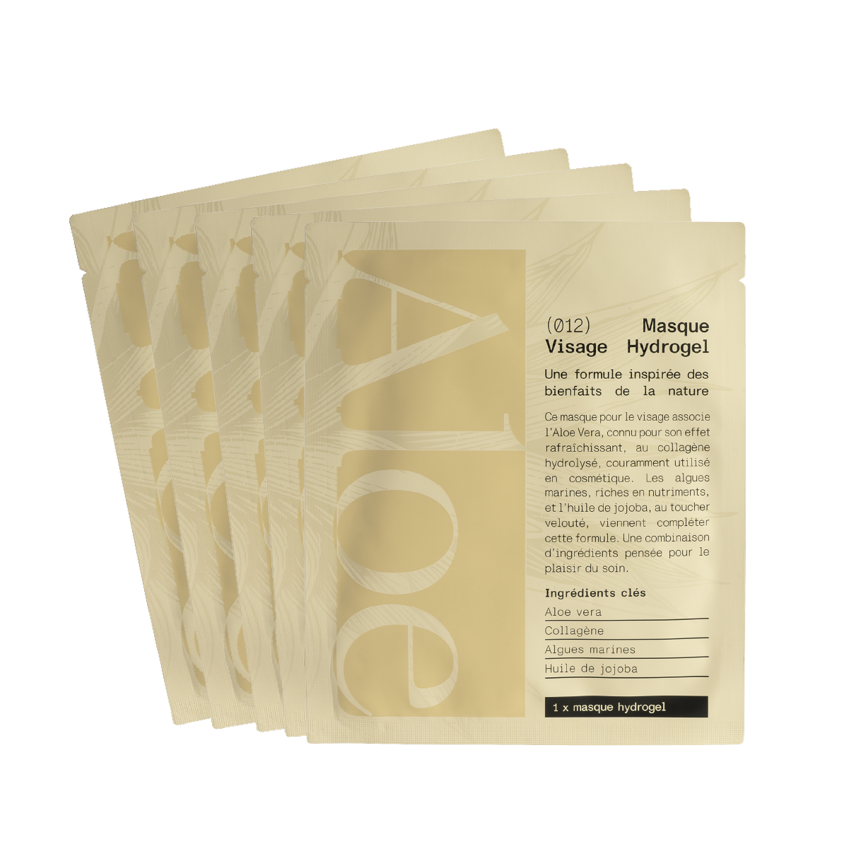Stack of aloe hydrogel face mask packets in beige packaging with text.