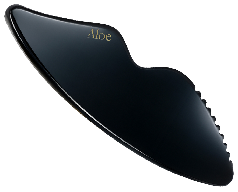 A shiny black, contoured gua sha facial tool with the word 'Aloe' in gold lettering.