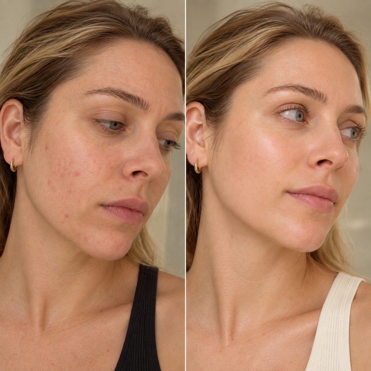 A before-and-after comparison of a woman's face, showing a reduction in acne and redness.