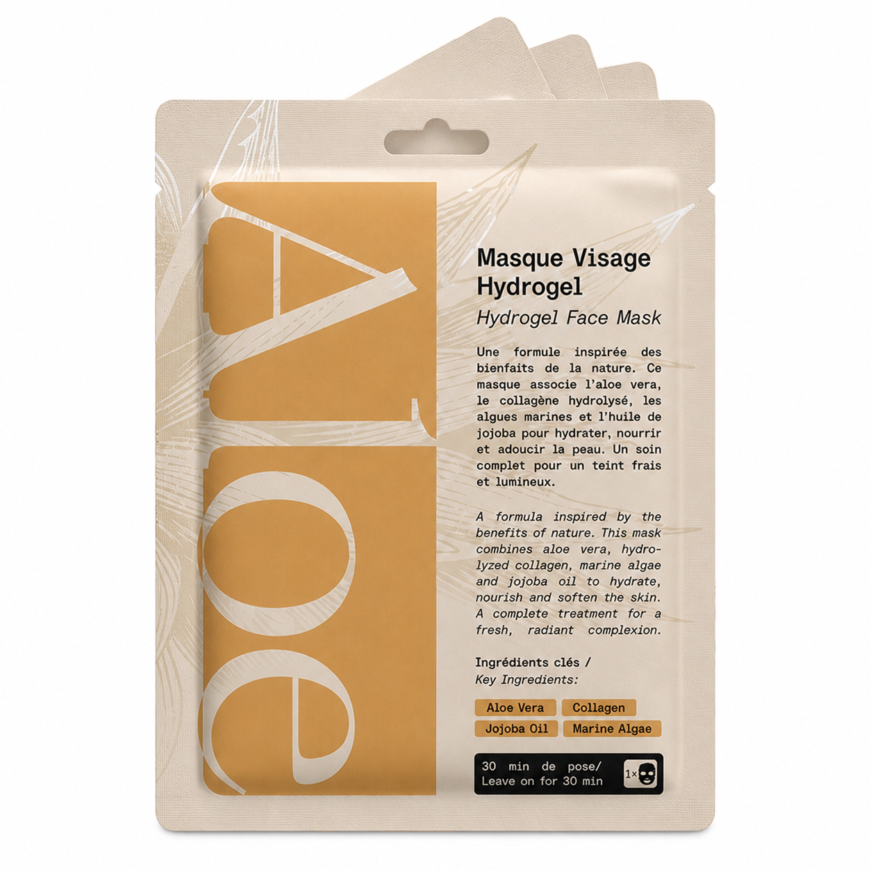 A stack of Dola brand Hydrogel Face Mask sachets on a white background.