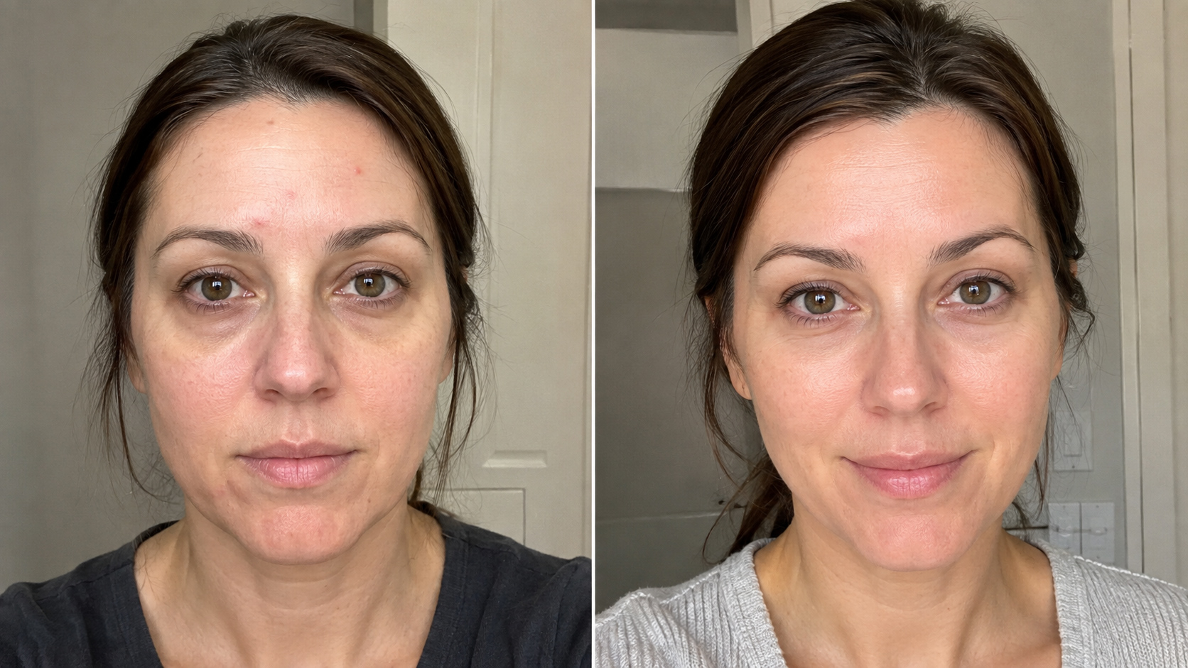 A before and after, side-by-side photo of a woman's face showing a more even skin tone.
