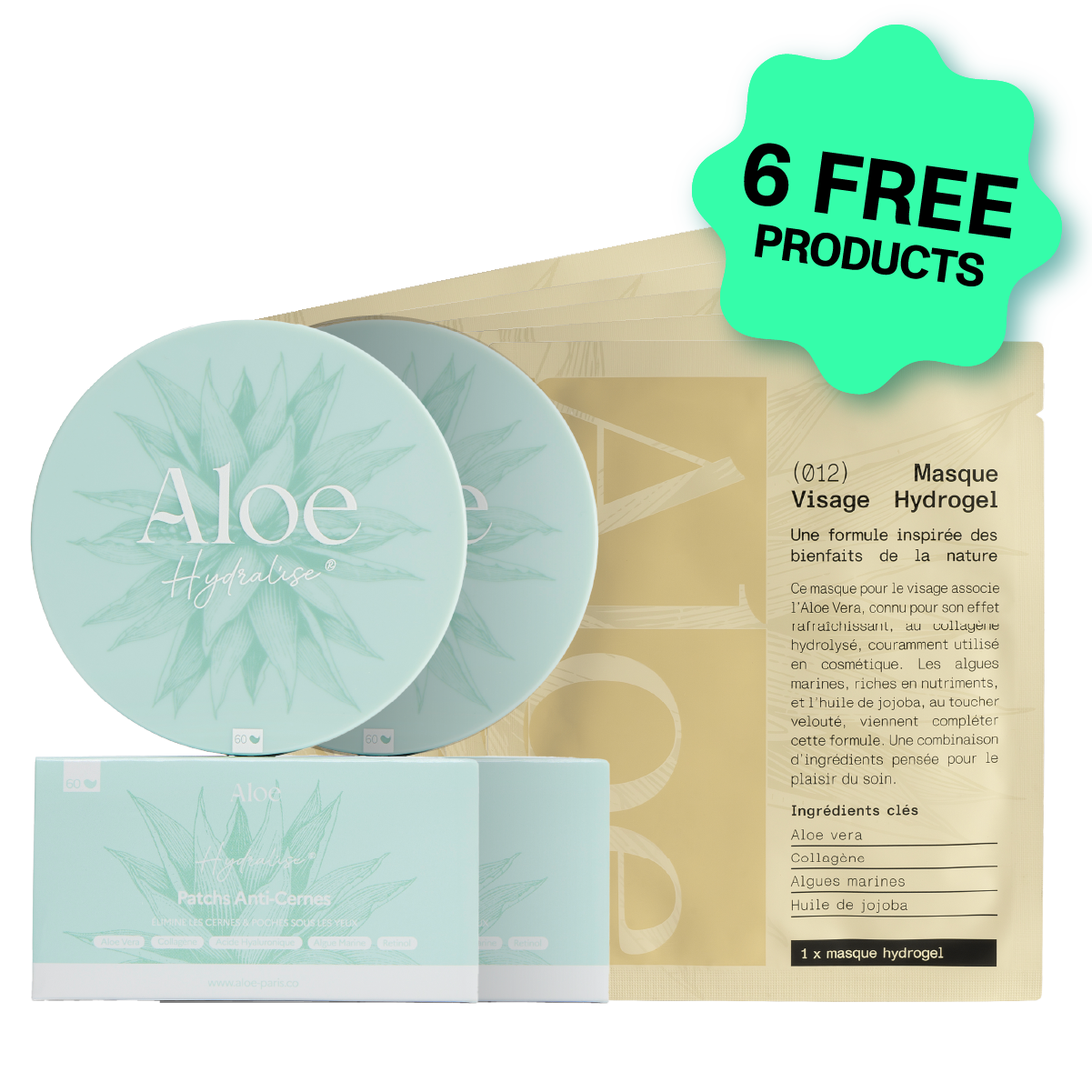 Aloe-themed beauty products with circular containers and packaging, featuring text about a hydrogel face mask.