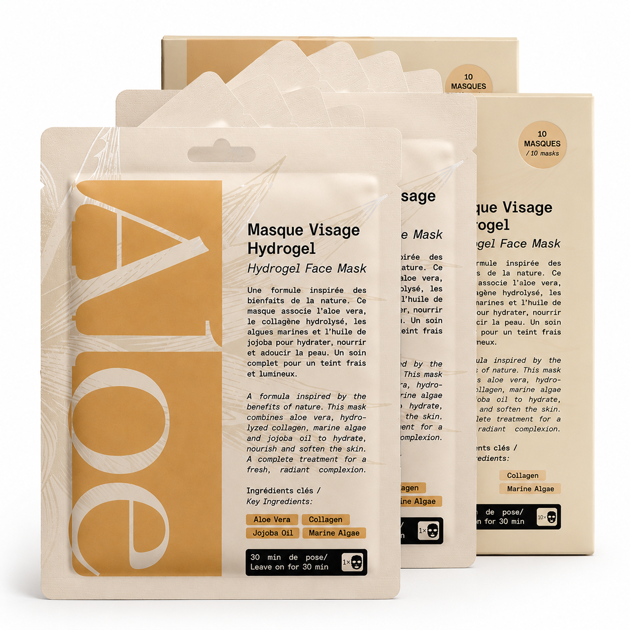 Three individual hydrogel face mask packets fanned out in front of their containing box.