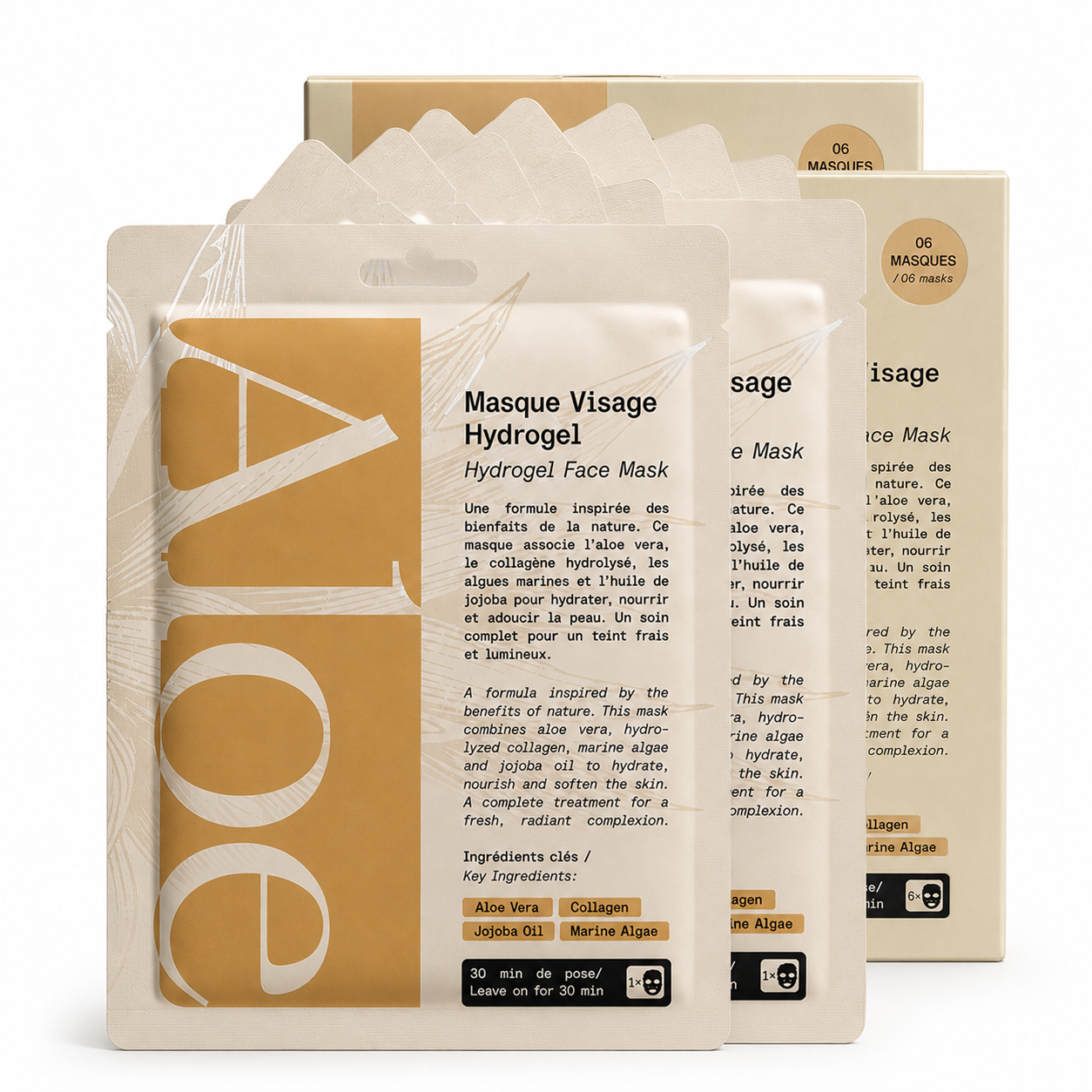 Several packets and boxes of JOA brand Hydrogel Face Masks are displayed against a white background.