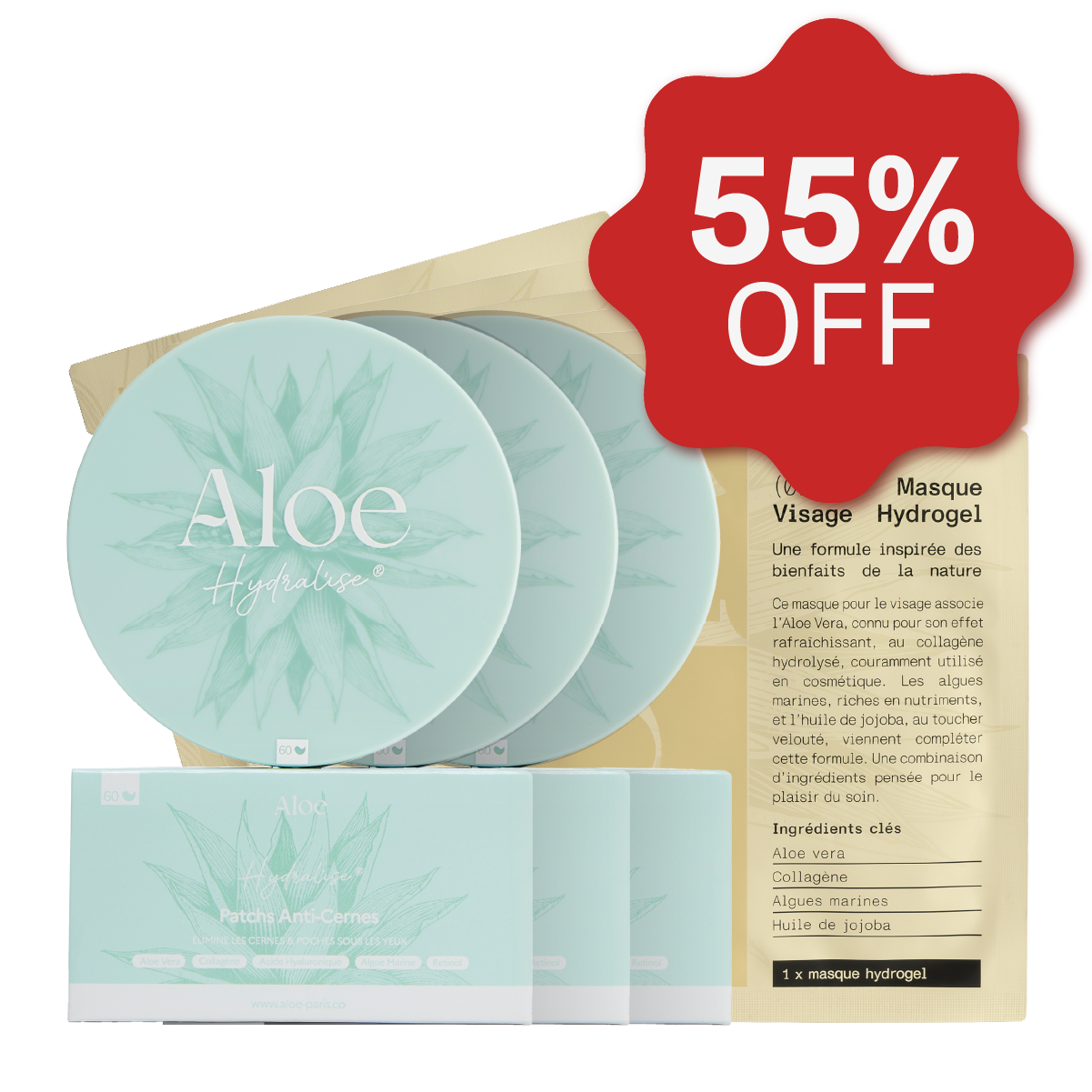 Aloe Hydralise eye patches and hydrogel face mask products with a red '55% OFF' sticker.