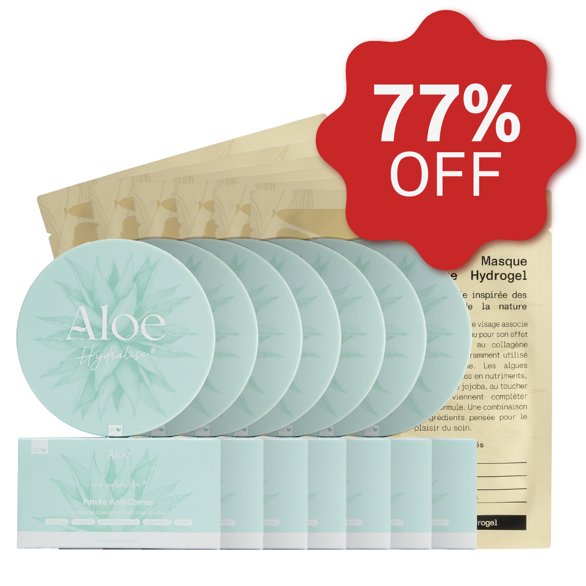 A collection of Aloe Hydralise skincare products, including eye patches and masks, with a 77% off sticker.