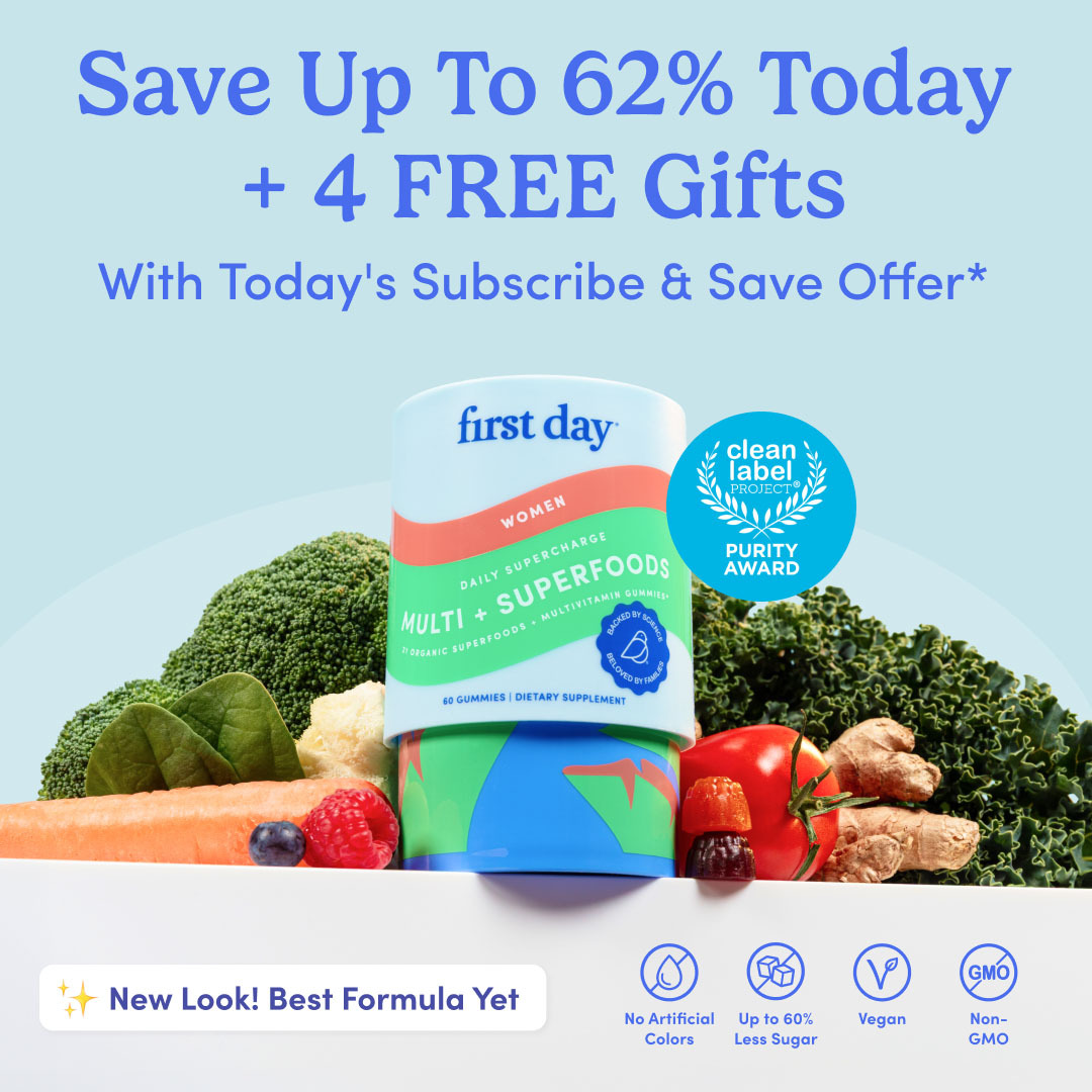 Supplement bottle with vegetables and promotional text about savings and free gifts.