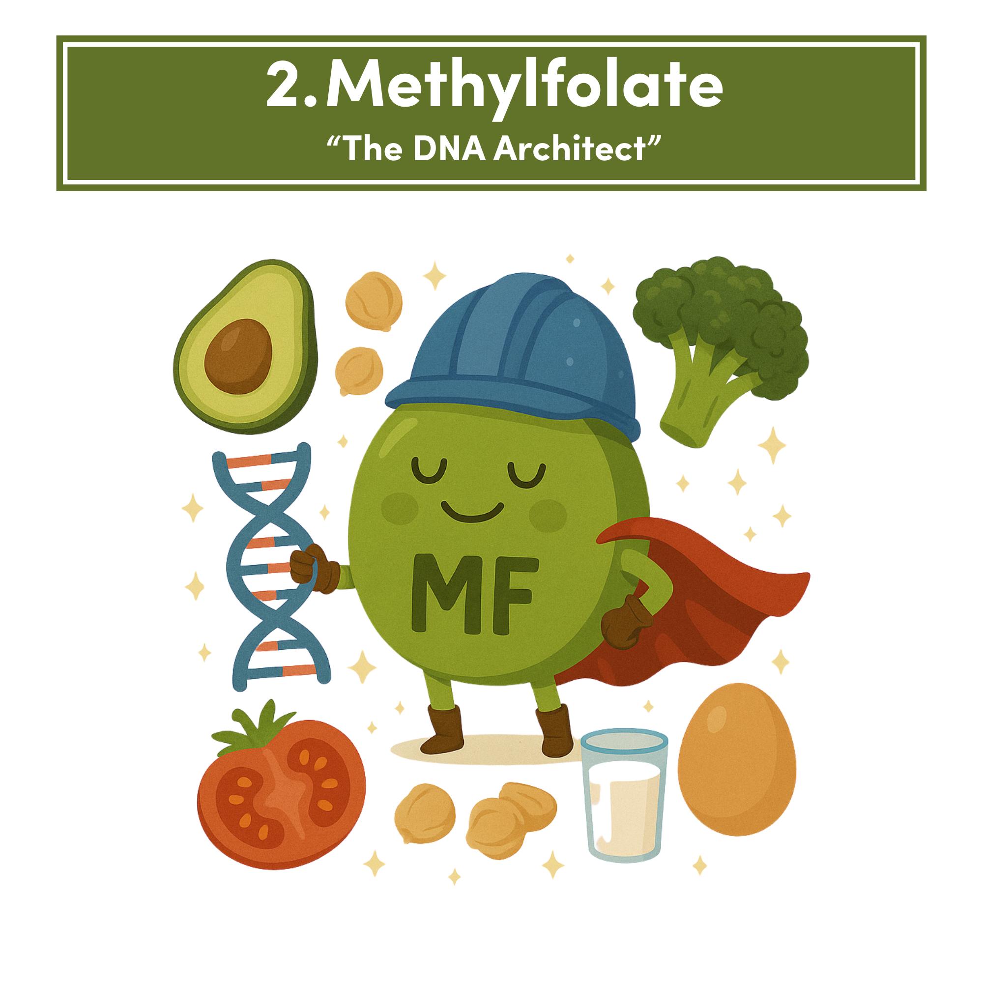 Cartoon character with hard hat, cape, DNA strand, avocado, broccoli, tomato, egg, and milk.