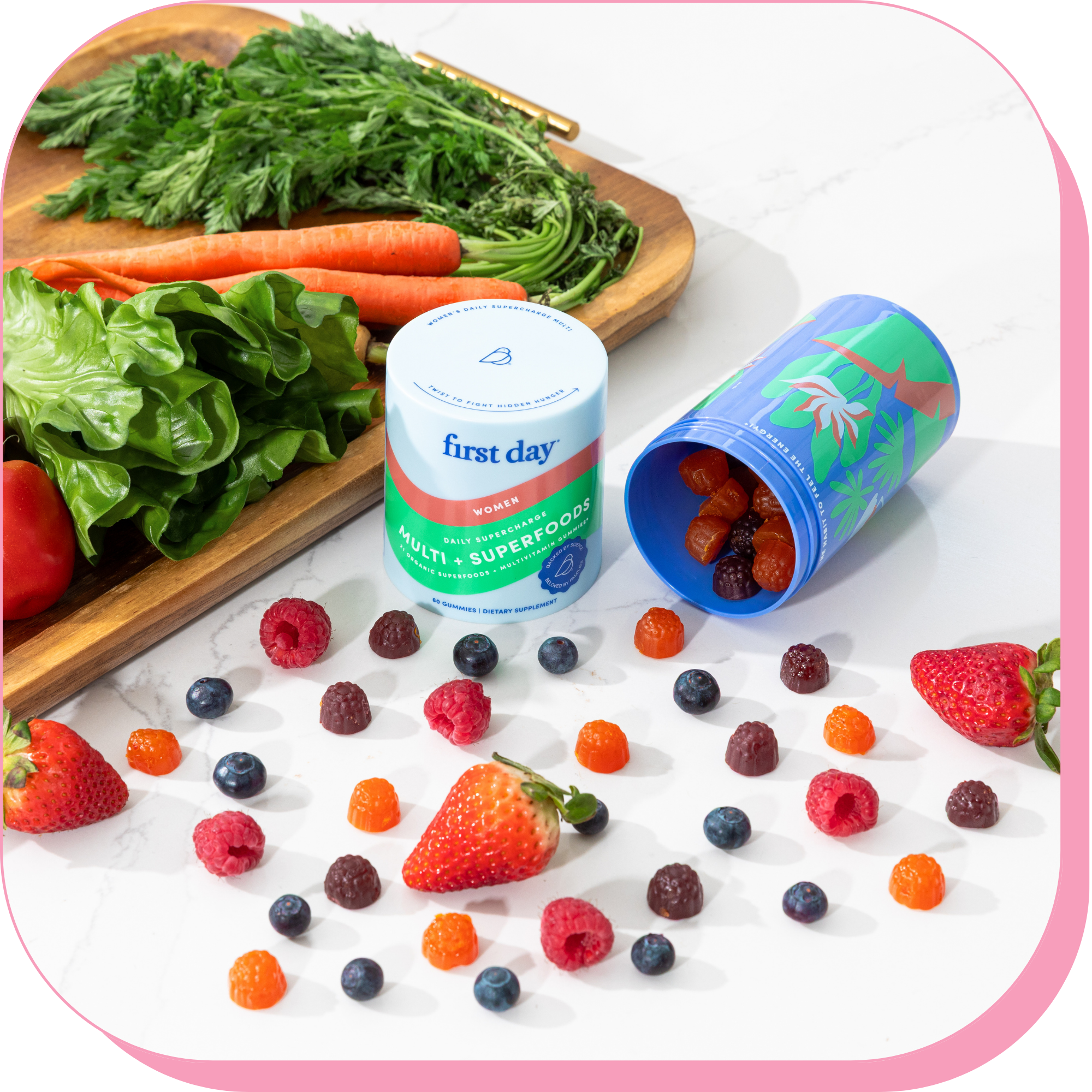 Supplements and fresh fruits on a white surface with a wooden board of vegetables.
