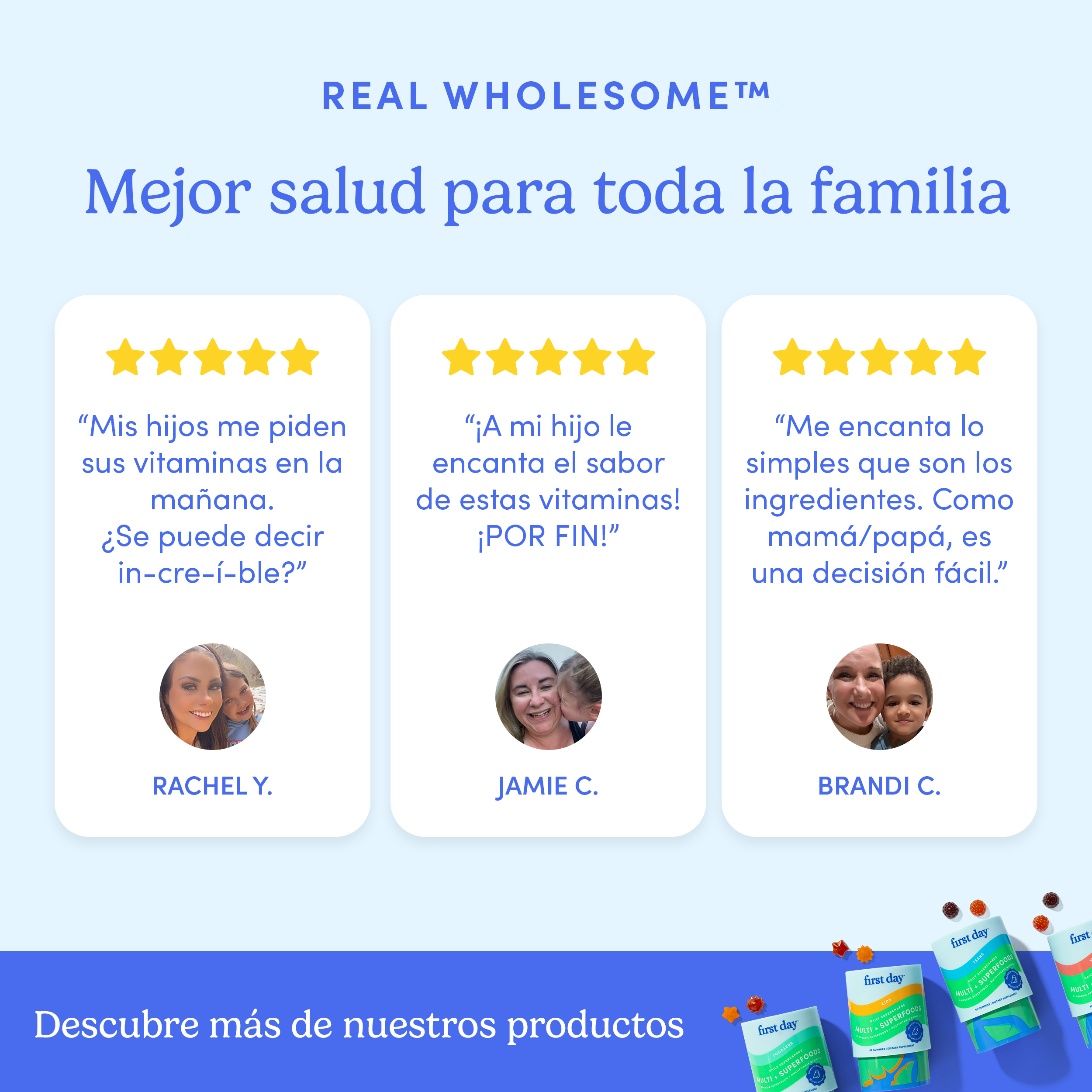 Three customer testimonials with star ratings and small profile pictures.