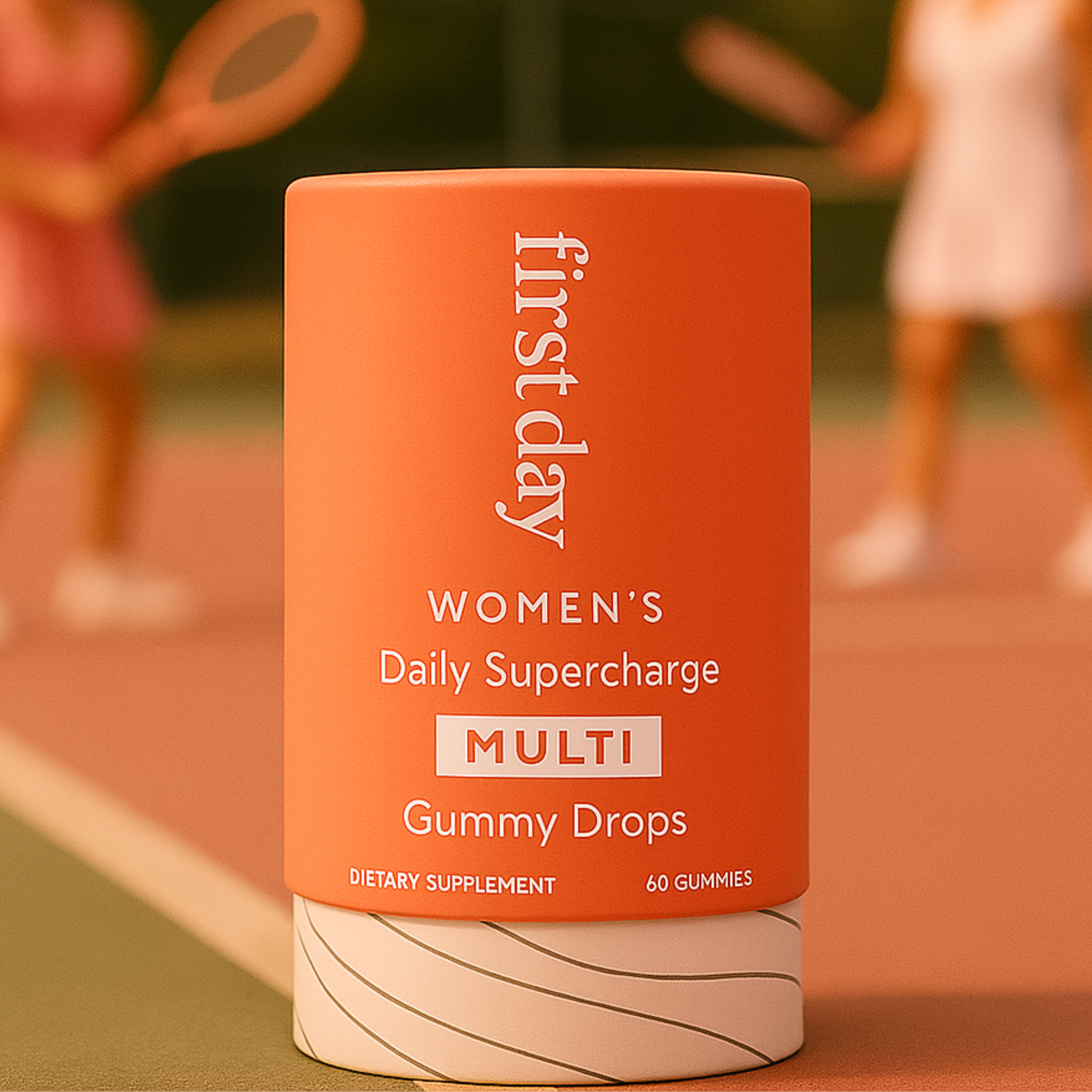 Orange supplement bottle on tennis court with players in background.