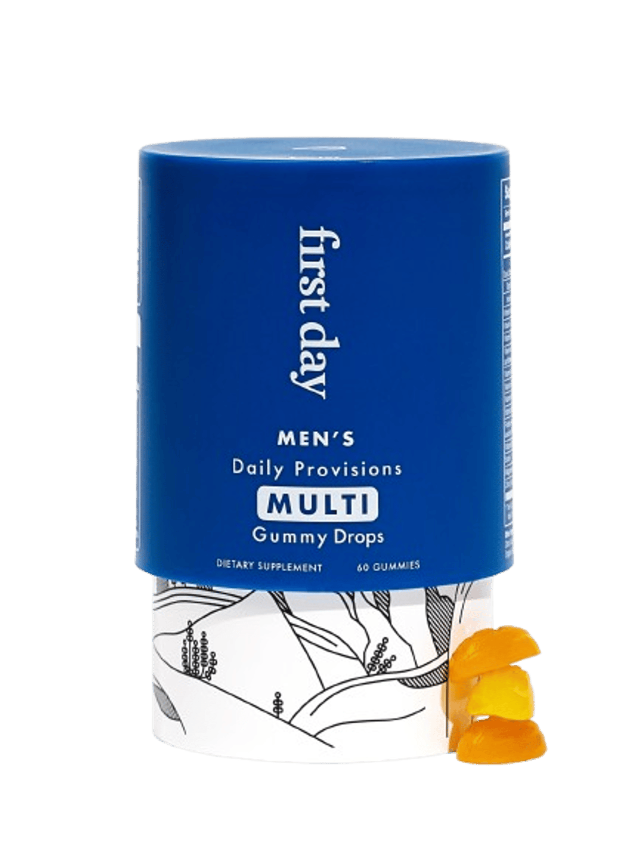 Blue container of men's multivitamin gummy drops with orange gummies beside it.