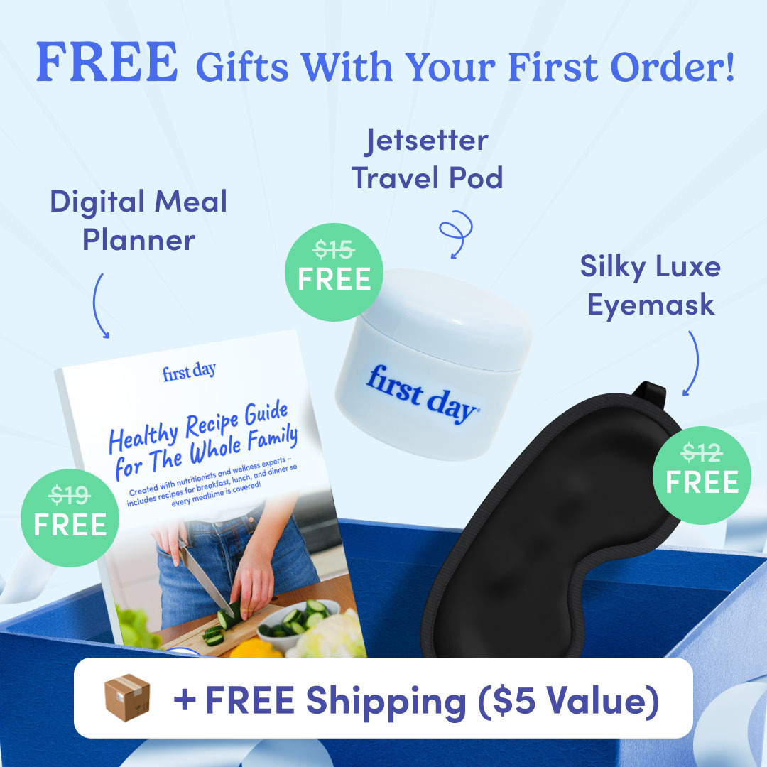 Promotional image offering free gifts with first order, including a meal planner, travel pod, and eyemask.