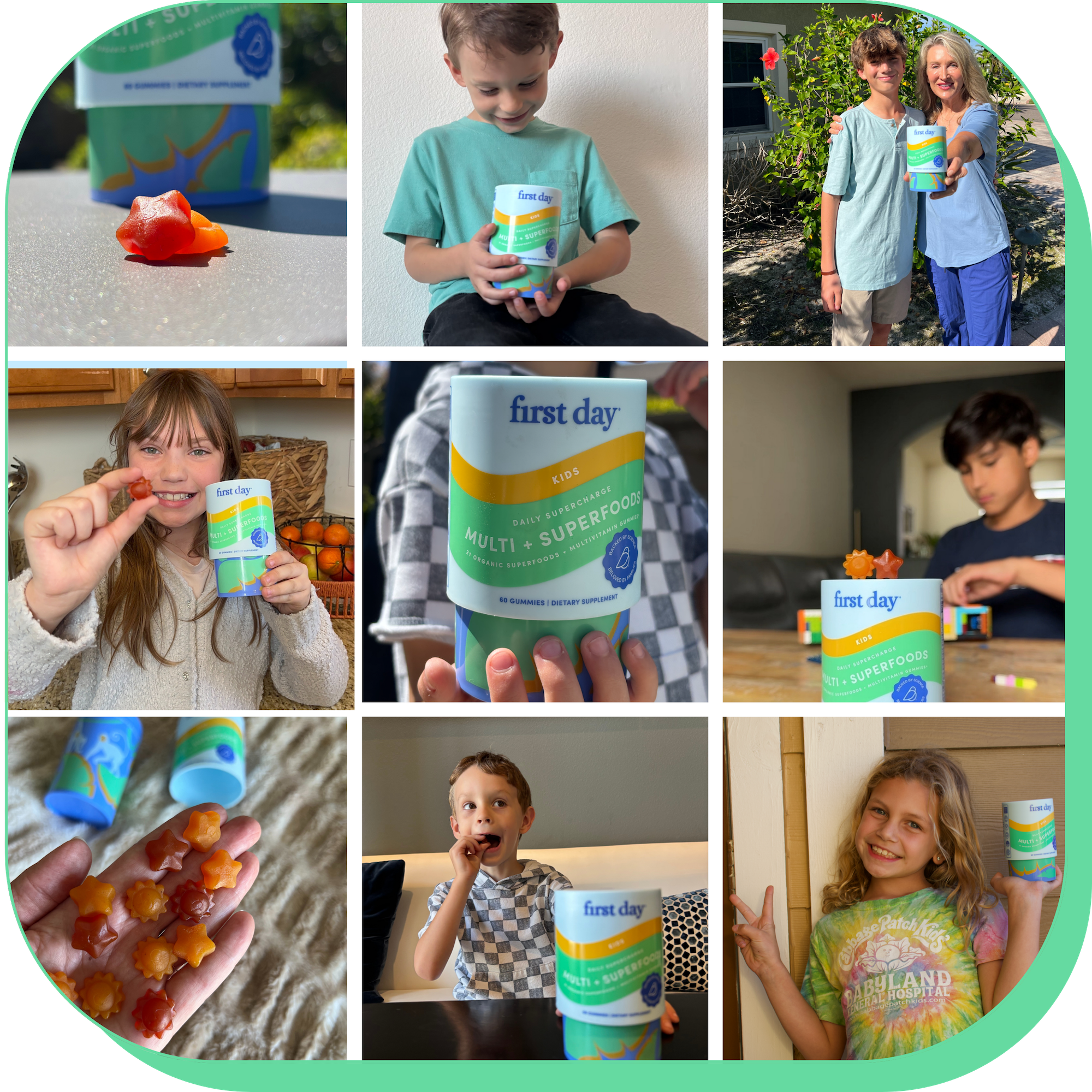 Collage of children holding and eating gummy vitamins from 'first day' containers.