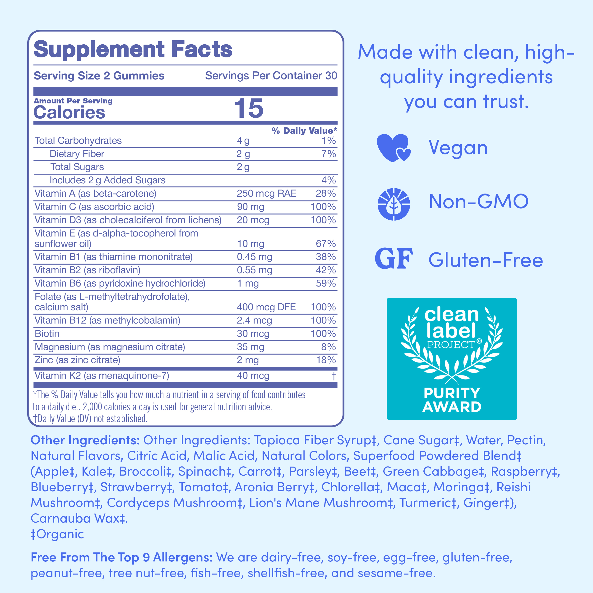 Supplement facts label with ingredients, nutritional information, and certifications for vegan, non-GMO, and gluten-free.