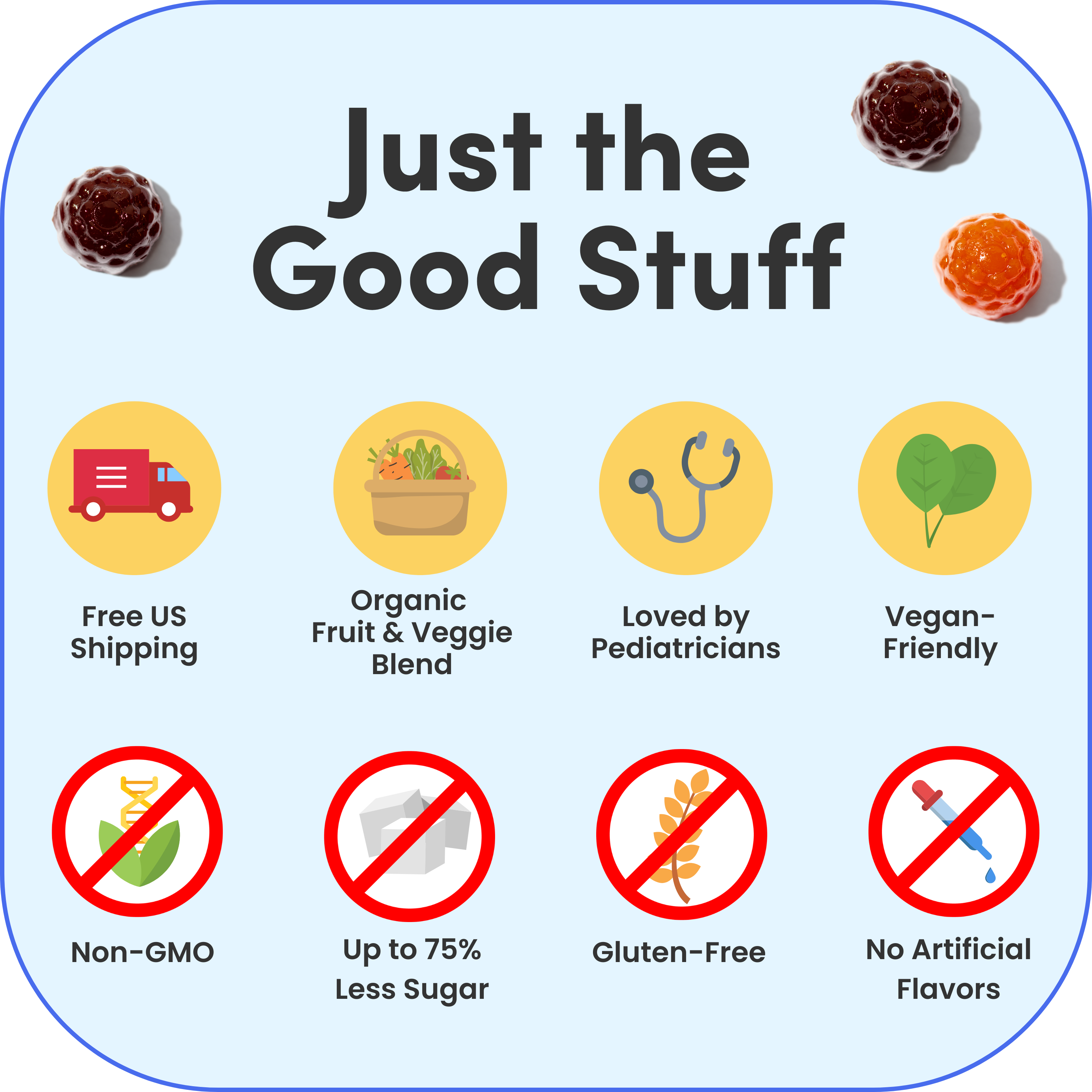 Infographic with benefits: free shipping, organic, pediatrician-approved, vegan, non-GMO, low sugar, gluten-free, no artificial flavors.