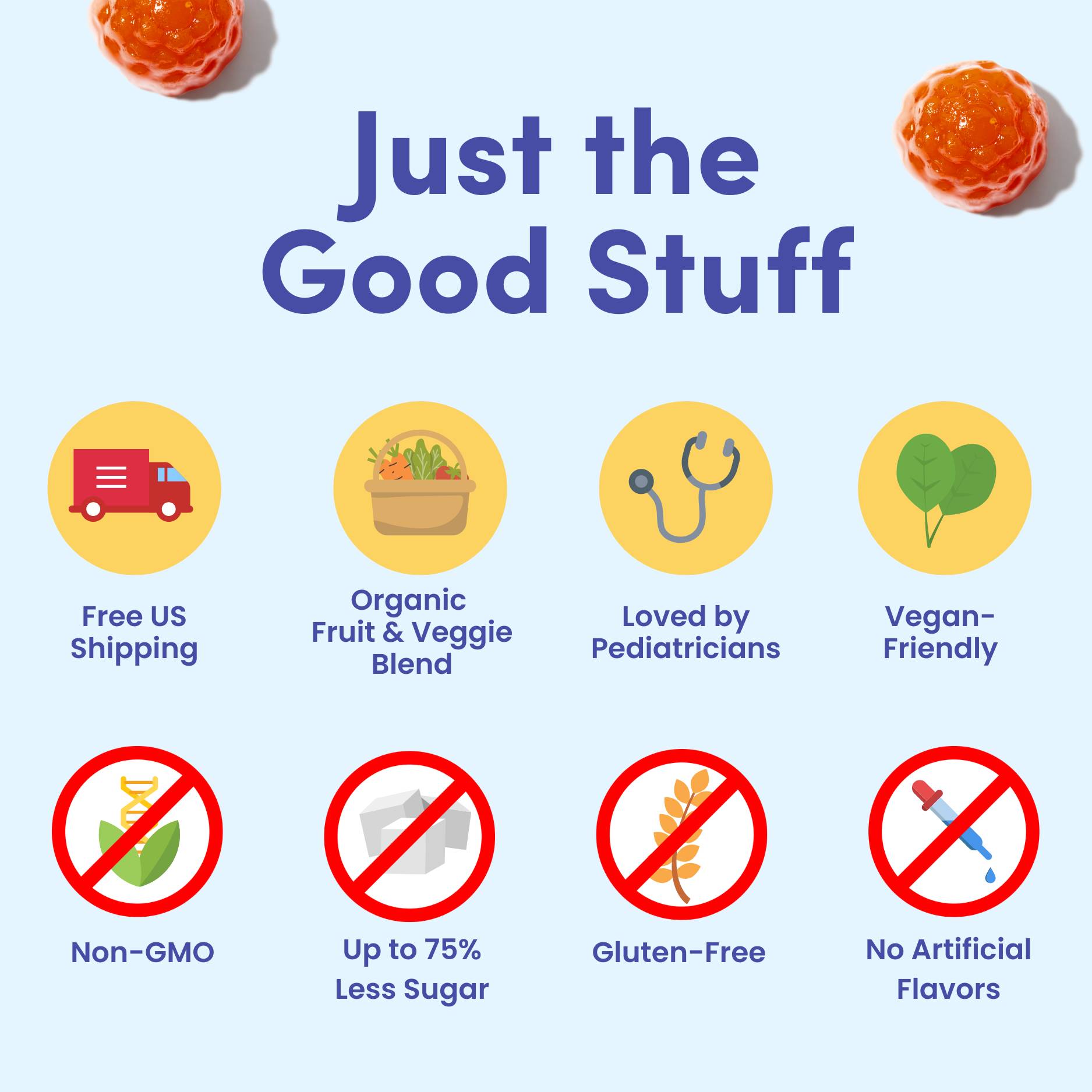 Infographic with benefits: free shipping, organic, pediatrician-approved, vegan, non-GMO, less sugar, gluten-free, no artificial flavors.