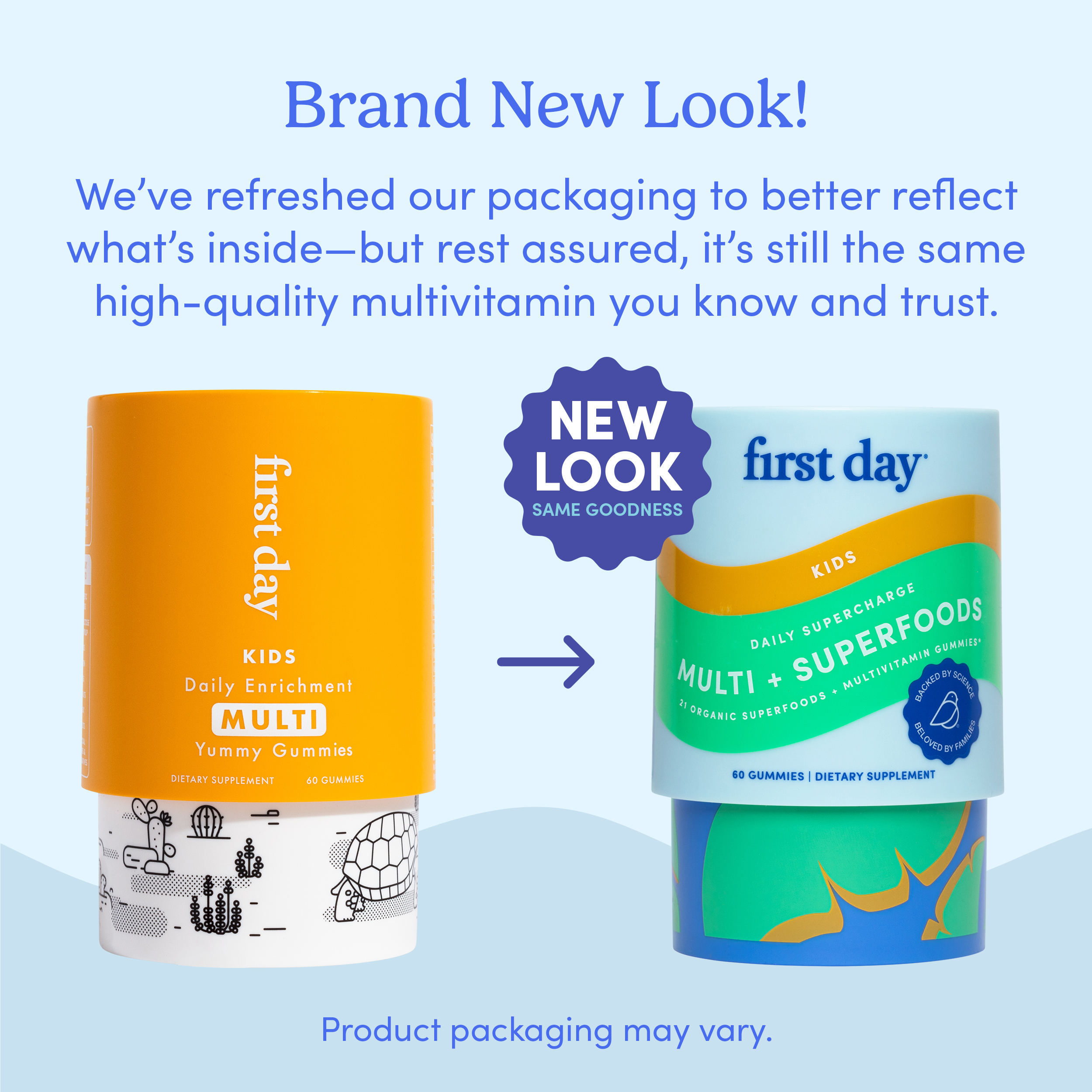 Comparison of old and new multivitamin packaging with text about brand update.
