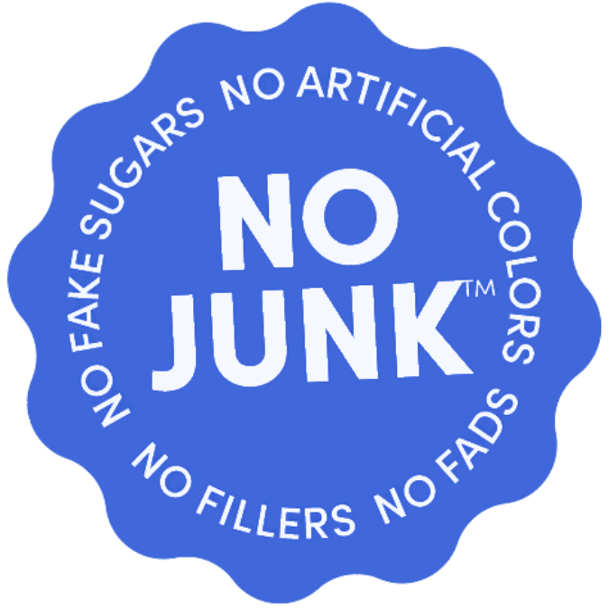 Blue badge with text 'NO JUNK' and phrases about no artificial ingredients.