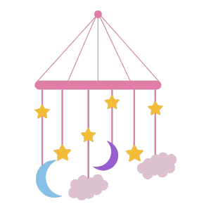 Illustration of a baby mobile with stars, moons, and clouds.