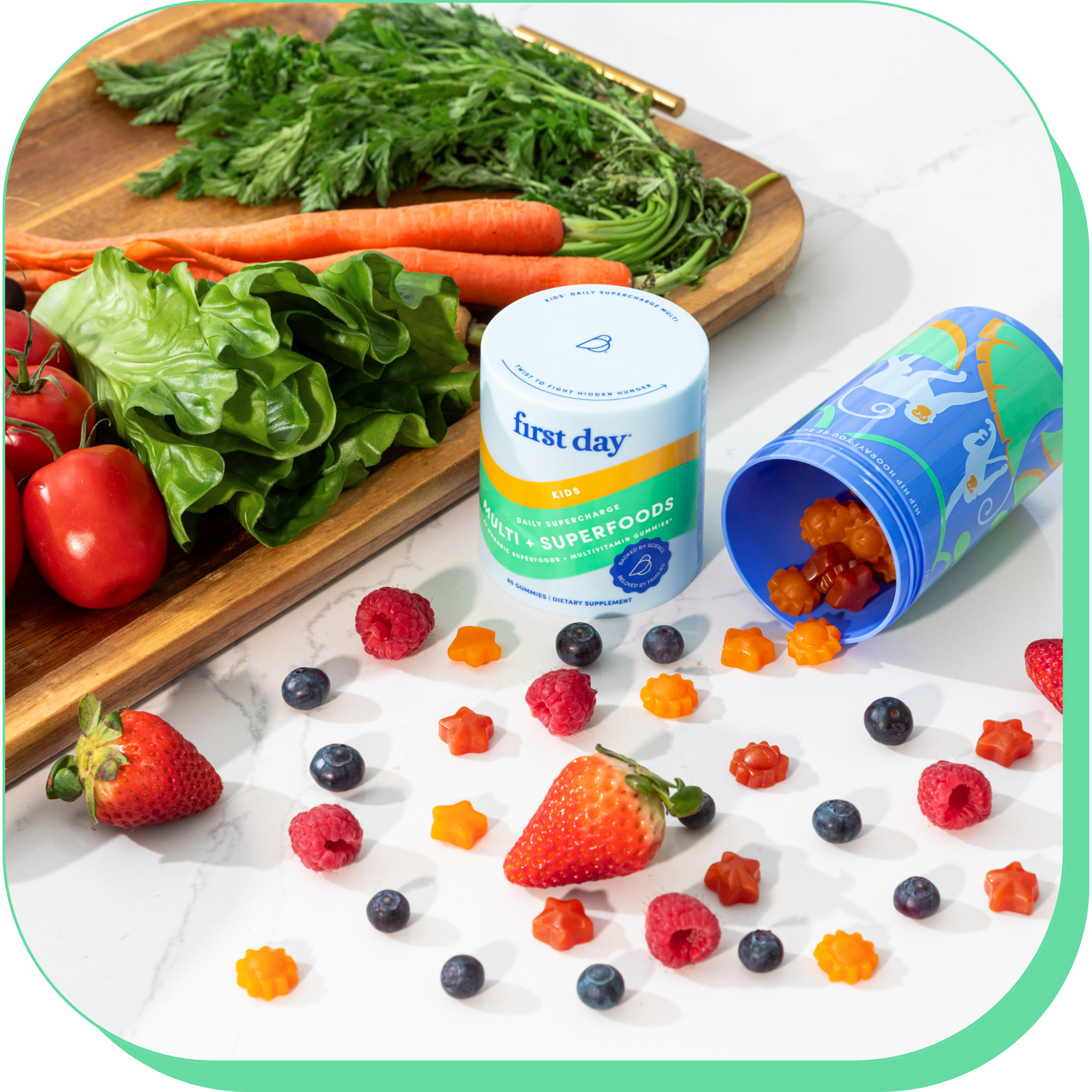 Fruits, vegetables, and vitamin gummies on a table with a supplement container.