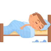 Illustration of a child sleeping in bed with blue blanket and slippers on the floor.