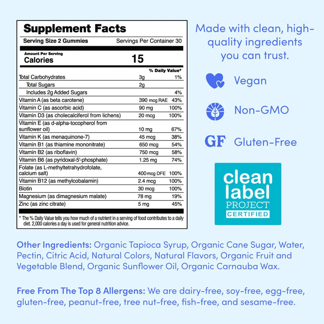 Supplement facts label with vegan, non-GMO, gluten-free certifications.