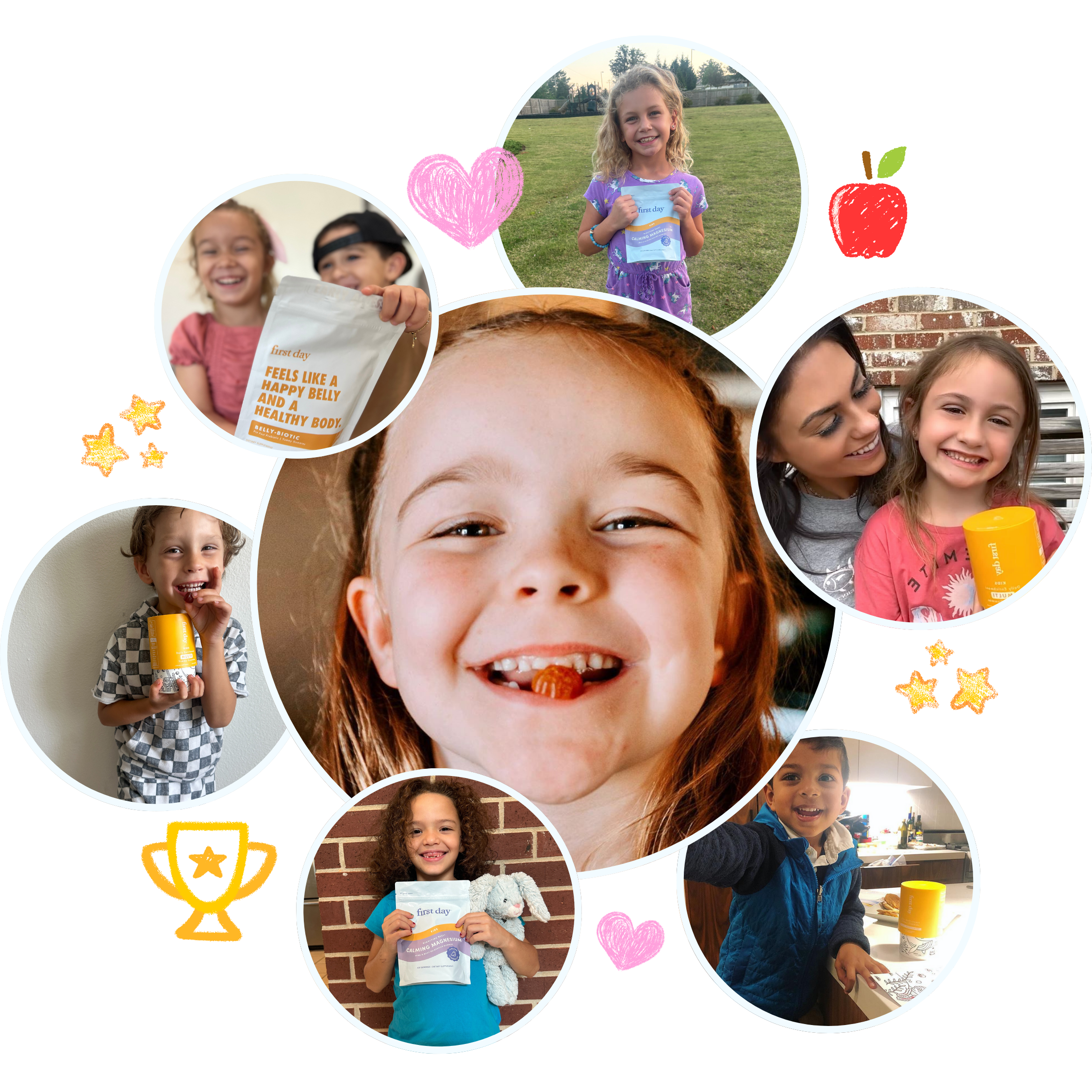 Collage of smiling children holding health products, with decorative hearts and stars.