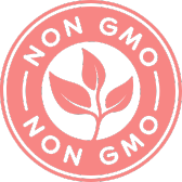 Pink circular 'Non GMO' label with a leaf symbol in the center.