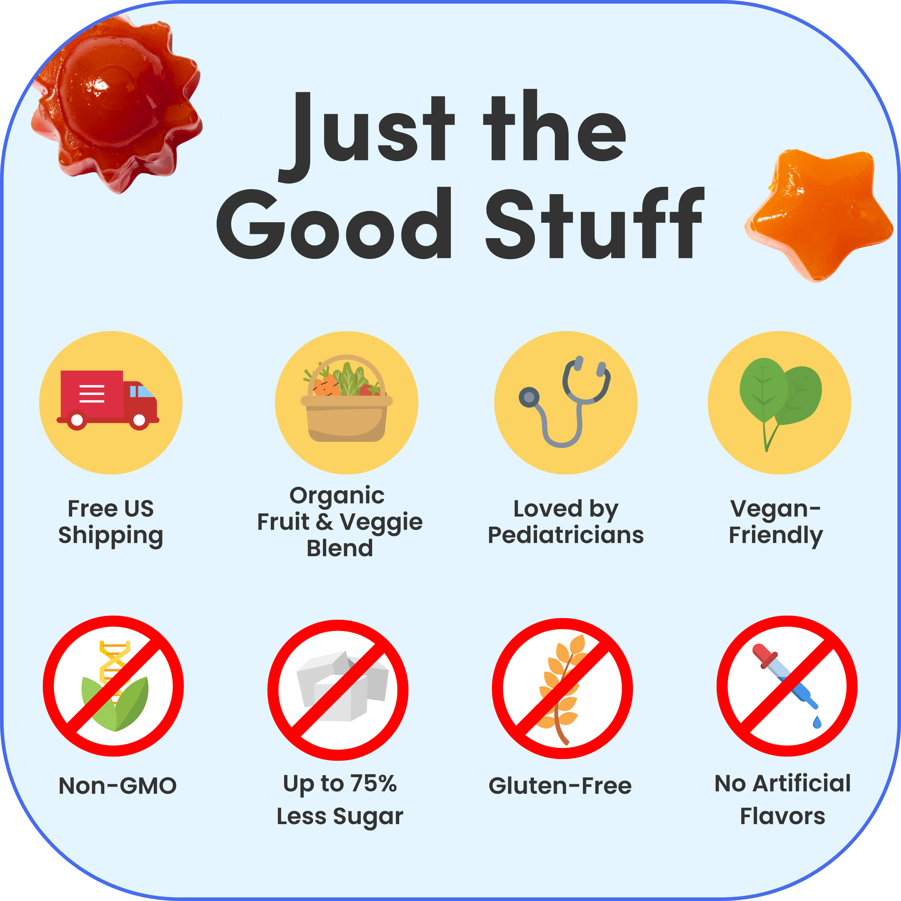 Infographic with benefits: free shipping, organic, pediatrician-approved, vegan, non-GMO, less sugar, gluten-free, no artificial flavors.