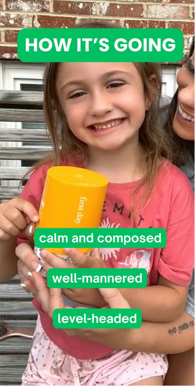 Smiling child holding a yellow mug with text overlays.