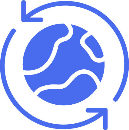 Blue globe with circular arrows around it, symbolizing recycling or global movement.