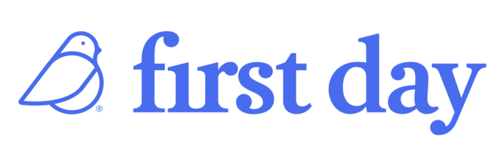 Blue bird icon next to the text 'first day' in blue.